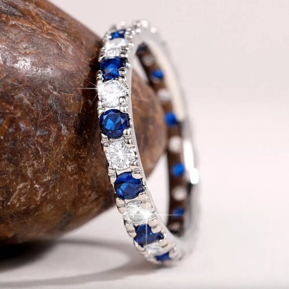 NEW 925 Sterling Silver Sapphire Diamond Ring Thin Ring Band - Picture 3 of 7